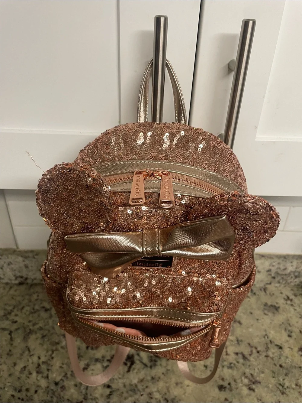 Disney Parks Loungefly Rose Gold Sequined Minnie Mouse Mini Backpack collectible